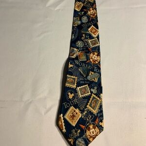 Disney Navy Blue World Tour Men's Tie with Multicolor Stamp Motifs
